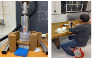 Figure 1. (Left) Example of measurement configuration using a Marinelli beaker, which maximized the solid angle between the sample and the detector, and a high-purity germanium detector. (Right) Teaching assistant Huq Fazlul sealing milk-filled Marinelli containers